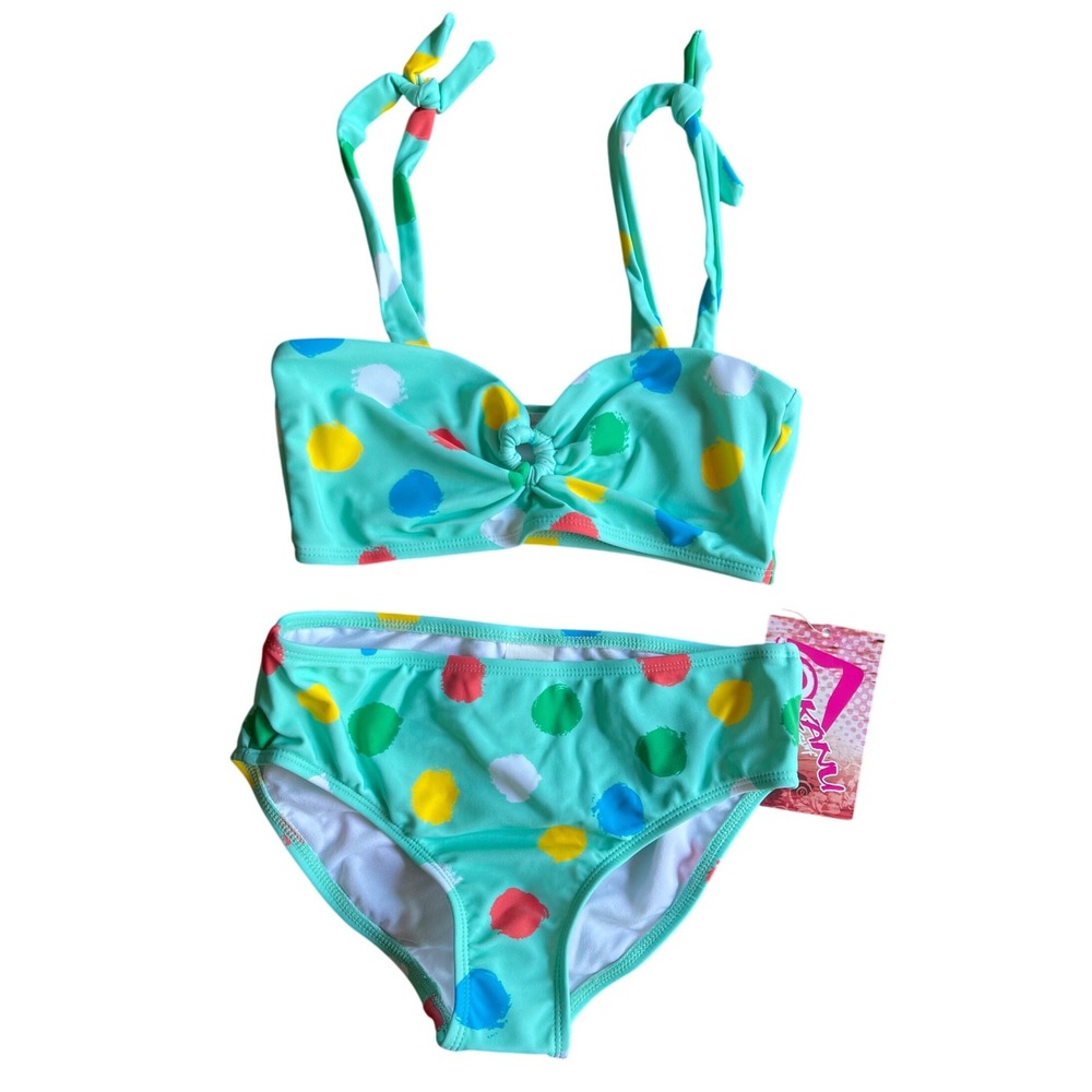 Kanu Surf Girls Aqua Polka Dot Two Piece Bikini Swimsuit O-Ring Size 12 NWT